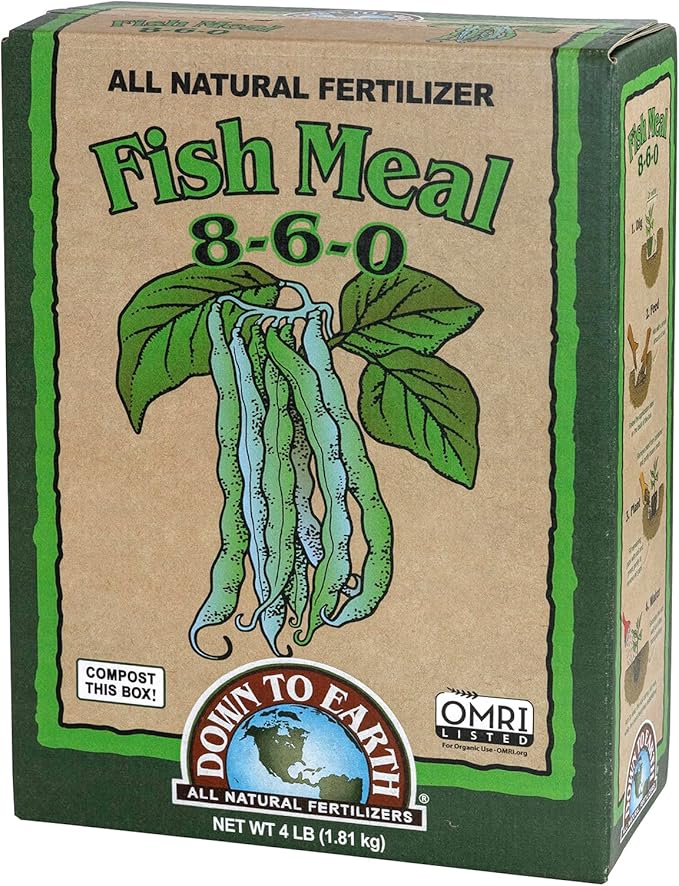 Down to Earth All Natural Fertilizers Organic Fish Meal - High Nitrogen and Phosphorus for Outdoor Plants, Trees, Shrubs, and Gardens 8-6-0, 4 lb