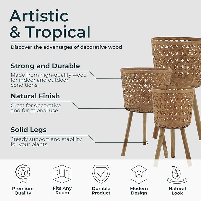 Set of 3 Woven Basket Decorative Planter Pot with Stand – Handcrafted Bamboo Pine Wood Outdoor & Indoor Plant Pot – Boho Garden & Home Decor Planters – 19", 22", & 26", Brown