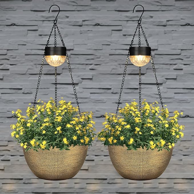 BAYN 2 Packs Solar Hanging Basket Planters for Plants Outdoor, Self Watering Copper Flower Plants Pots with Solar Light Drainer for Balcony Patio Garden Outdoor Decoration