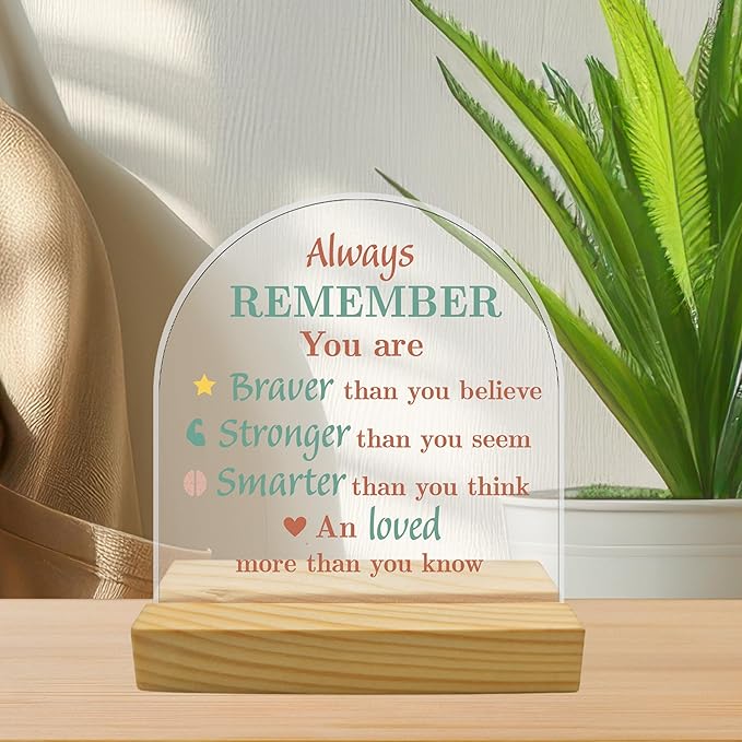 Inspirational Saying Acrylic Plaque, Arched Shape with Wooden Stand, Motivational Mental Health Gift for Women, Encouragement Quotes Desk Decor for Family Friend BFF, Office Home Decor (4"x4")