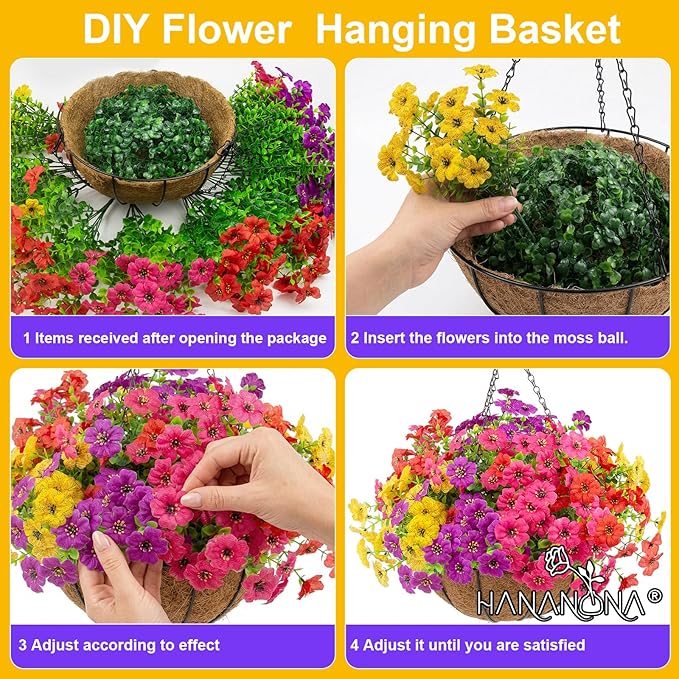 Hananona 2 Set Artificial Outdoor Flowers with Hanging Basket, 2 Hanging Planters with 24 Pcs Flowers for Spring Summer Front Porch Garden Patio Home Decor (2, Red, Purple, Yellow, Rose Red)