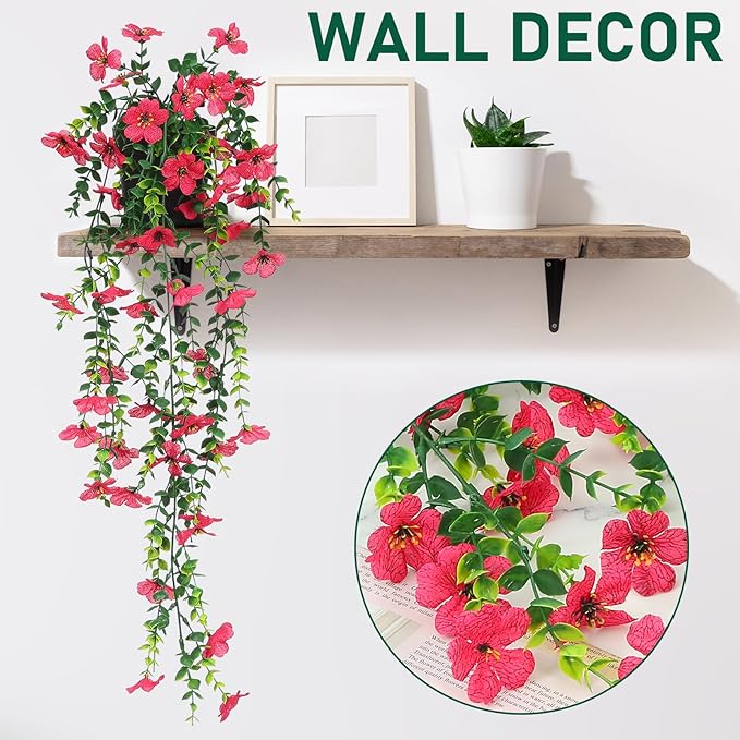 FAVOWREATH Fake Plants Hanging Artificial Potted Faux Eucalyptus Plants and Flowers for Modern Boho Farmhouse Bathroom Office Desk Wall Book Shelf Living Room Aesthetic Decor Indoor (Rose Red)