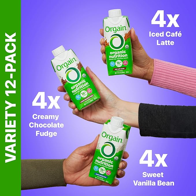 Orgain Organic Nutritional Protein Shake, 16g Grass Fed Whey Protein, Meal Replacement, 20 Vitamins & Minerals, Fruits & Vegetables Variety Pack, Chocolate, Vanilla, Mocha, 11 Fl Oz (12 Pack)