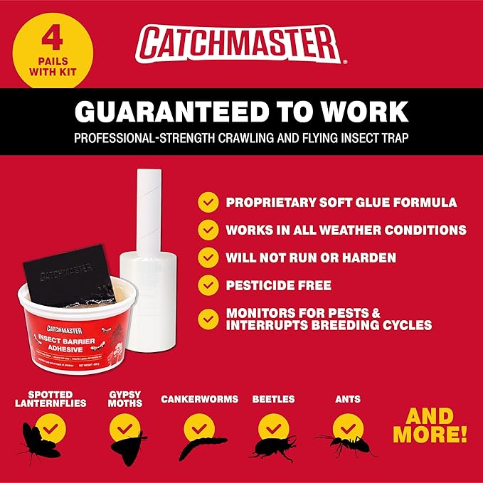 Catchmaster Tree Banding Insect Barrier DIY Kit 4Pk, 15oz., Spreader, 1Kft Roll Plastic Wrap, Lanternfly & Ant Traps, Outdoor Adhesive Crawling Insect Trap to Protect Trees, Fruit & Plants