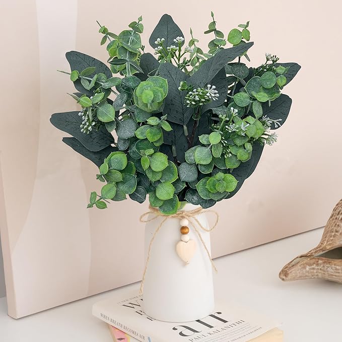 Artificial Silver Dollar Eucalyptus Stems in Vase, Rustic Farmhouse Greenery, Faux Eucalyptus Picks with Baby Eucalyptus & Wooden Heart for Home Décor, Weddings, Bouquets, and Table Centerpieces