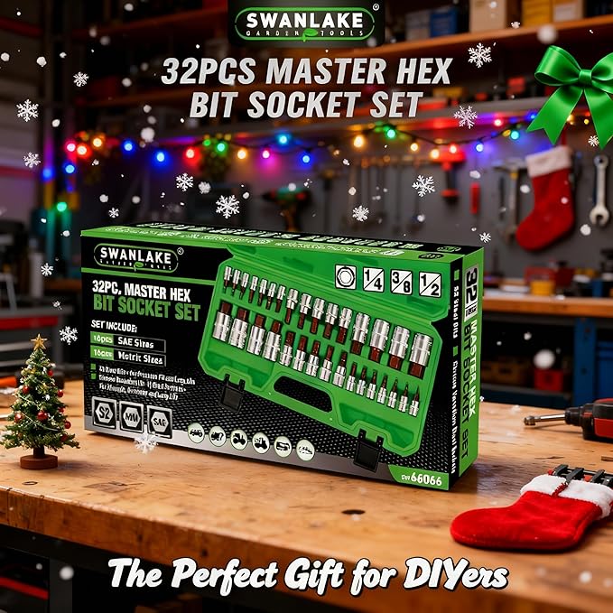 SWANLAKE 32 Piece Hex Bit Socket Set,SAE and Metric, 1/4'', 3/8', 1/2'' Drive Socket Set, S2 & Cr-V Steel