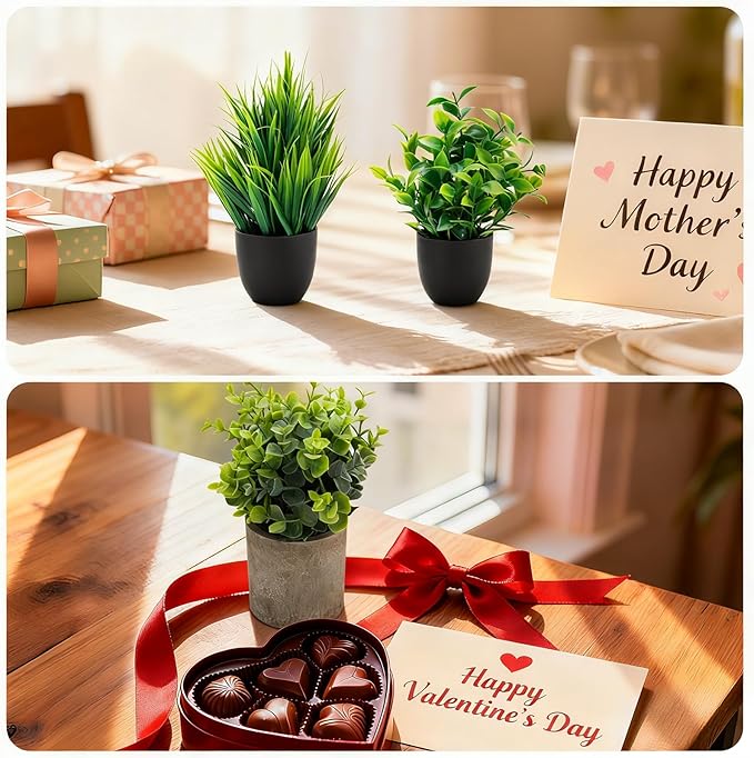 AUUGUU Artificial Potted Plants Faux Greenery in Cement Pots for Shelf, Bookshelf, Office or Home Decor, Small Decorative Fake Plants for Modern Indoor Display (7, XXL)