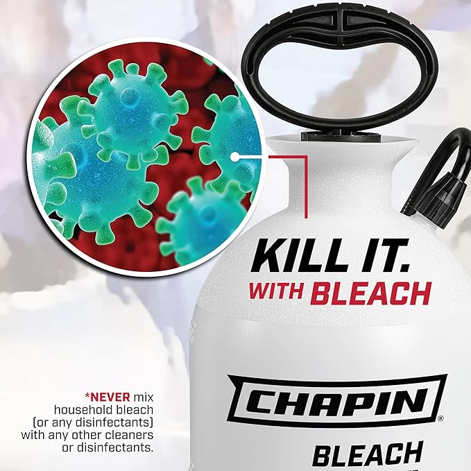 Chapin 22074 Bleach Pump Sprayer, 2‑Gallon, Lawn & Garden, Bleach‑Resistant Poly Tank, Funnel‑Top, Anti‑Clog Filter, Adjustable Cone Nozzle, 40" Hose for Cleaning, Mold & Disinfecting Applications