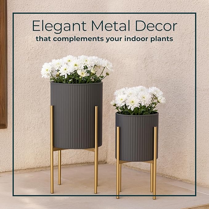 Decorative Flower Pots with Metal Stand for Home Decor - Modern Planters for Hallway, Entryway, and Living Room Decor - Indoor and Outdoor Pots for Plants - Set of 2, 23", 19", Gray & Gold