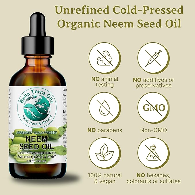 Bella Terra Oils - Organic Neem Seed Oil 8 oz - Harnessing the Power of Organic Neem Seeds, Rich in Stearic Acid, A Luxurious Elixir for Natural Skin Care