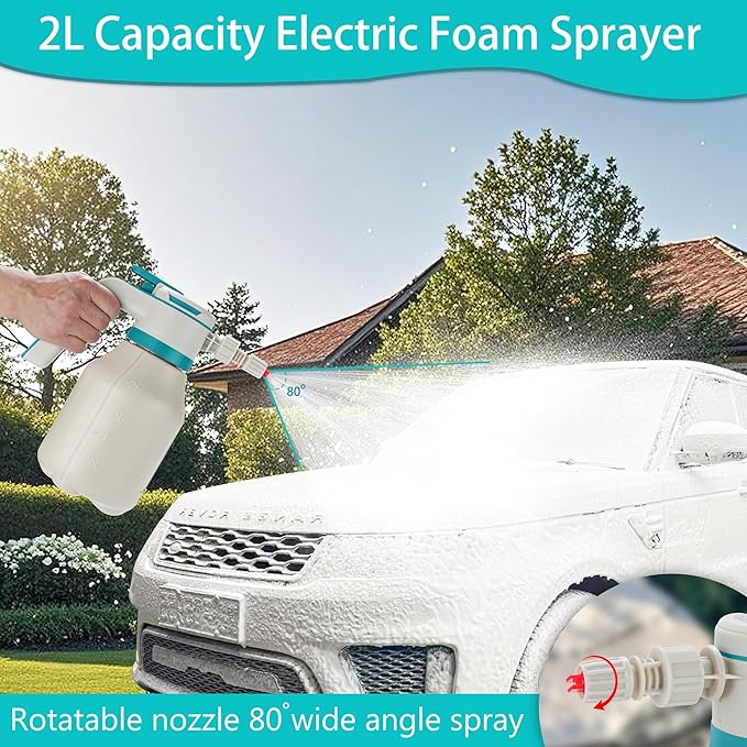 Electric Foam Sprayer Car Wash, 0.5Gallon 2L Rechargeable Battery Power Display Auto Pressure Foamer Spray Bottle, 2 Nozzles Mode Spray