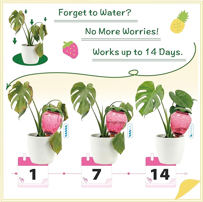 Extra Large Plant Watering Globes for Plants - 19oz Plant Watering Devices, Vacation Self Watering Globes with Slow Release, Indoor Plant Watering Bulbs, Plastic, 2-Pack(1 Pineapple & 1 Strawberry)