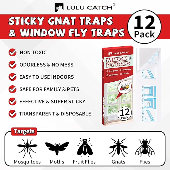 LULUCATCH Window Fly Trap, 12 Pack Fruit Fly Traps for Indoors, Sticky Gnat Trap Bug Trap, Non-Toxic Odorless Flying Insect Trap, Pet Safe Pest Control for Fruit Fly, Mosquitos, Fungus & Flying Insect