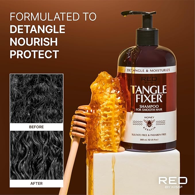 Red by Kiss Tangle Fixer with Honey & Keratin, Sulfate-Free Detangling Shampoo for Shine & Frizz Protection, Mango & Peach Scent