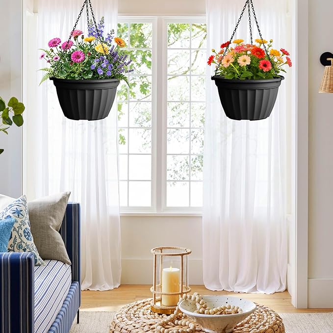 FGstyle 6 Pack Hanging Planters 8 Inch, Self Watering Pots for Indoor Plants, Plastic Hanging Basket with Soil Elevator and 20" Chain for Home Garden Porch Balcony Patio Decor (Black)
