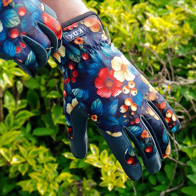 KDK Gardening Gloves for Women, Flexible Breathable Garden Gloves, Leather Working Gloves for Weeding, Digging and Pruning (Flowers and Berries, Small)