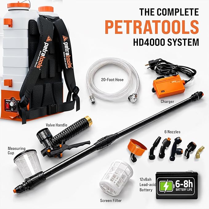 PetraTools Battery Powered Backpack Sprayer 4 Gallon - 6 Hours Long Battery Life & Padded Straps for Comfort - HD4000 Electric Backpack Garden Sprayer with 6 Spray Nozzles & 90PSI Adjustable Pressure
