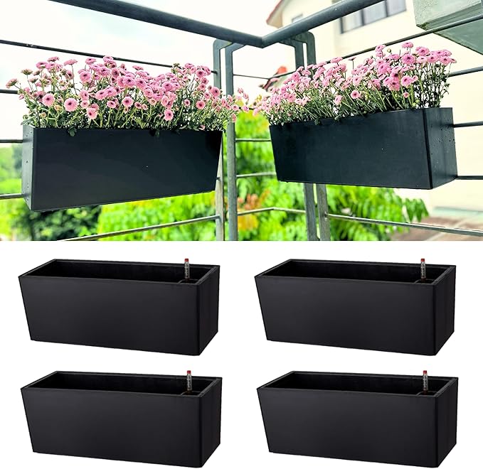 LaLaGreen Outdoor Planter Boxes (14 Inch, 4 Pack) Black Rectangular Self-Watering Railing Planters with Brackets, Hanging Window Boxes for Herbs Flowers Outdoor Plants Deck Garden Plastic Containers