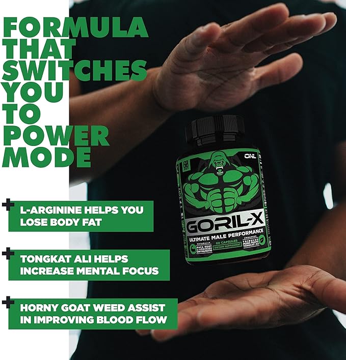 GORIL-X Testosterone Booster for Men - Workout Testosterone Supplements - Increase Size, Strength & Energy - 1000mg Male Enhancing Horny Goat Weed, Maca Root, Tongkat Ali & Tribulus Formula - 60 Caps