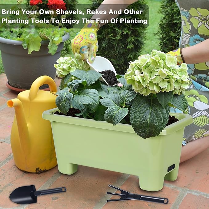 Oliz Self-Watering Rectangle Planter Boxes 8-Pack, 15.7-Inch Window Box Planter with Drainage Holes & Trays, Pots for Vegetables, Herbs, Flowers, Garden Windowsill Balcony (Light Green)