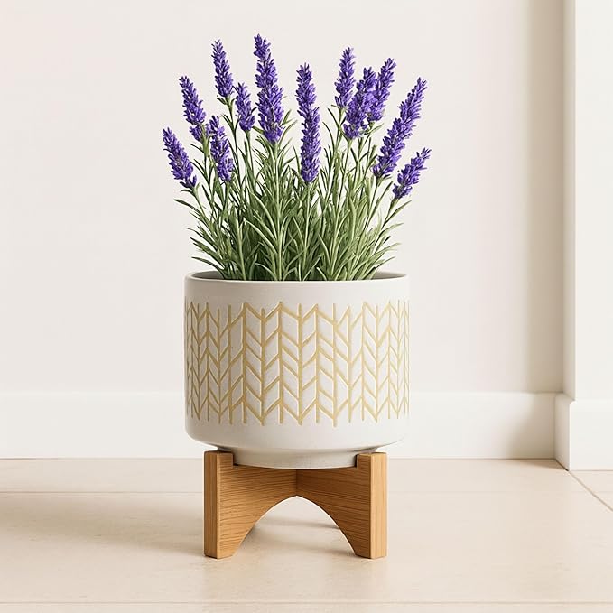Ceramic Planter with Bamboo Wood Stand – Modern Stoneware Plant Pot with Geometric Chevron Pattern – Decorative Indoor & Outdoor Flower Holder for Living Room, Patio, or Garden Home Decor – 9" Beige