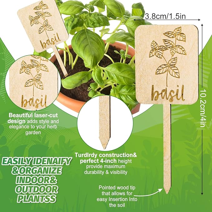 Whaline 24Pcs Wooden Plant Label Signs Planted Herb Garden Markers Plant Stake Tags with Herb Names for Indoor Outdoor Nursery Garden Decoration, 12 Styles