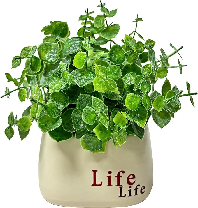 Small Fake Plant in Pot, 7" Artificial Plant Indoor, Fake Eucalyptus Stems with Ceramic Vase, Faux Greenery Eucalyptus Bathroom Decor for House Office Desk