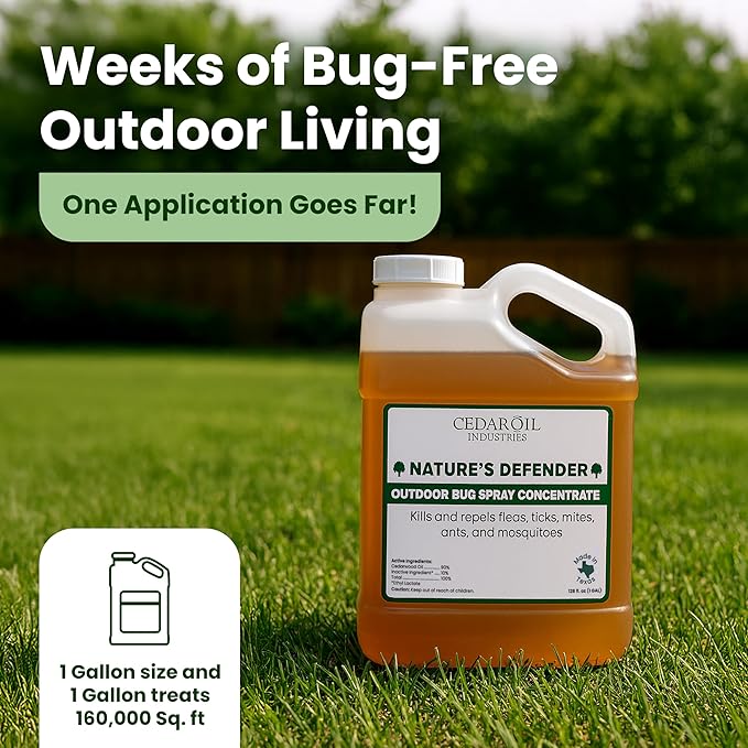 Nature's Defender Outdoor Pest Control Spray – All-Natural Cedarwood Oil Formula for Mosquitoes, Ticks, Fleas, and Ants – Safe for Pets, Kids, & Plants – 128 oz (1Gal) Concentrate Treats 160,000 sq.ft