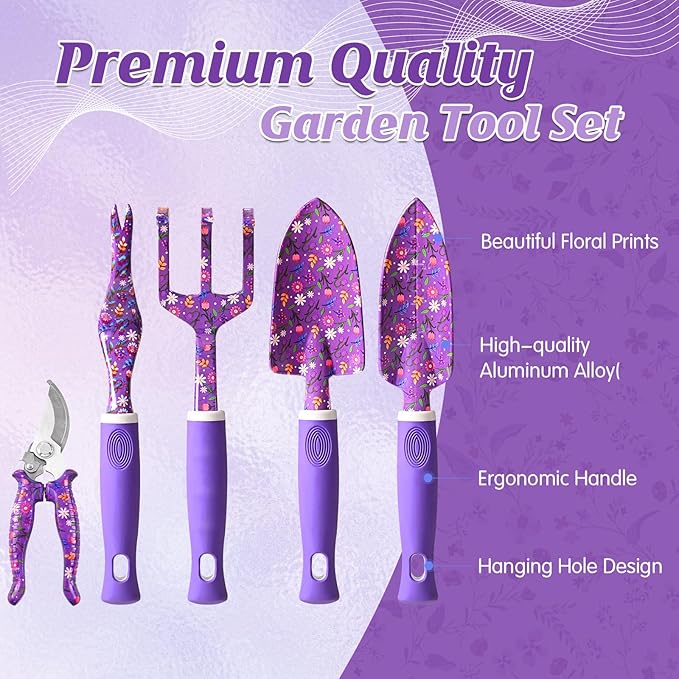 Gardening Gifts for Women, Gardening Tools for Women, 14 PCS Garden Tools Set Kit with Garden Tool Bag, Plant Lover Christmas Mothers Day Birthday Gifts for Mom Grandma Aunt, Purple