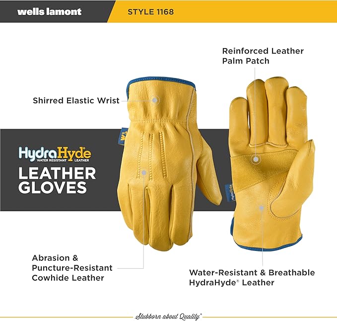 Wells Lamont Men's Slip-On HydraHyde Leather Work Gloves – Water-Resistant, Breathable, Durable – Ideal for Gardening, Landscaping, Ranching – Heavy Duty Leather Work Gloves – Saddletan, Medium