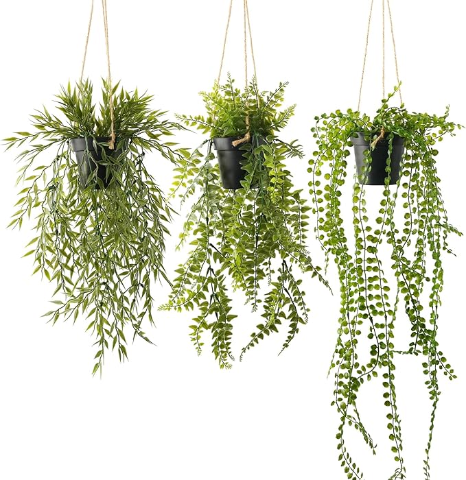3 Packs Fake Hanging Plants with Black Pots, 28" Artificial Hanging Plants for Wall Decor, Fake Fern Plants Mandala Vine Indoor/Outdoor for Home Bathroom Bedroom Kitchen Office Room Decor