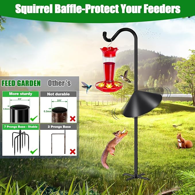 FEED GARDEN 92’’ Bird Feeder Pole Squirrel Proof, Adjustable Shepherds Hooks for Outdoor with 7 Prongs Base, Heavy Duty Shepherd Hook with Squirrel Baffles, Pole for Bird Feeder, Plant Baskets,1 Pack
