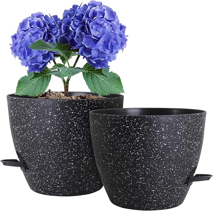 WSMKSZ 10 inch Self Watering Pots, Planter, Plant Pots with Mesh Drainage Holes for Indoor Outdoor House Plants and Garden, Pack of 2 Plastic Flower Pots with Deep Reservoir, Speckled Black