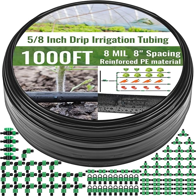 1000 ft 5/8 Inch Drip Tape Irrigation Kit Drip Tape 8 Mil 8" Spacing Hose Garden Watering Tubing System Automatic Irrigation Equipment for Plant, Landscape, Yard, Lawn and Farm