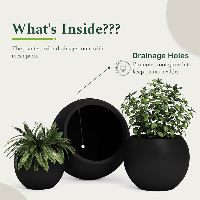 DTY Mount Sherman 16.1'' D x 13.6'' H (Pot Opening 11.8") Fiberstone Round Planter with Drainage Hole, Smooth Finishes, Weather Resistant for Indoor and Outdoor, 2 Extra Coco Mats - Black, Medium