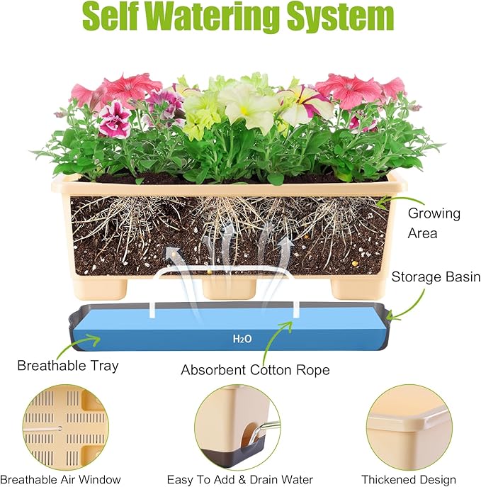 Oliz Window Box Planter 8 Pcs, 17 Inches Rectangle Flower Pots with Drainage Holes & Trays, Vegetable Planters for Windowsill Patio Garden Balcony Home Indoor Outdoor (Barley Yellow, 16 * 7 * 6 inch)