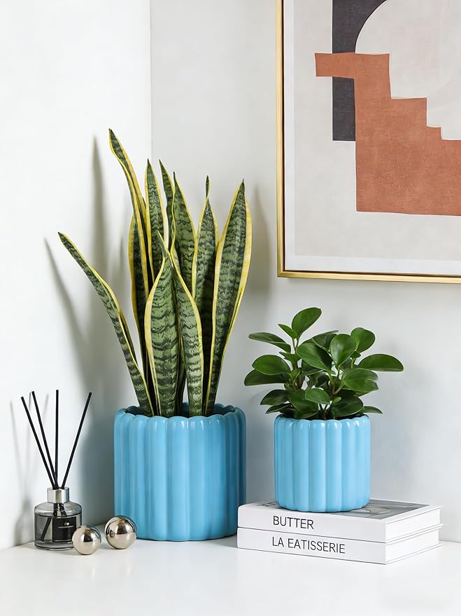 Ceramic Plant Pots,6 inch+4.7 Inch Planter Pot with Drainage Holes,Ceramic Planters for Indoor Plants,Modern Flower Pots for Indoor Outdoor Plants House & Office Décor,Blue