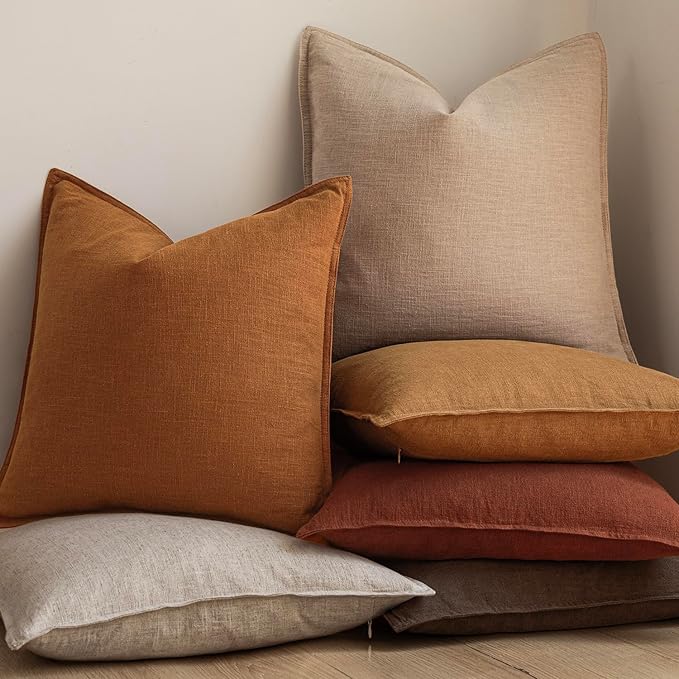 Foindtower Set of 2, Decorative Linen Soild Throw Pillow Covers Soft Accent Euro Cushion Case Boho Farmhouse Pillowcase for Chair Couch Sofa Bedroom Living Room Home Decor 16 x 16 Inch Autumn Orange