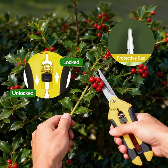 3PCS Garden Pruning Shears Set - Heavy Duty Bypass Pruners, Sharp Stainless Steel Gardening Scissors with Ergonomic Handle, Secateurs for Plants, Flowers, Fruit Trees, Bush Trimming (Yellow)