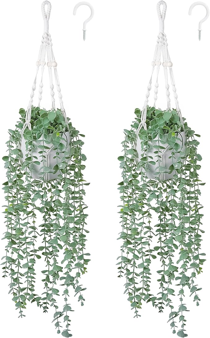 DREAMLOOM 2 Packs Fake Hanging Plants with Pots, Artificial Eucalyptus Hanging Plants with Macrame Hanger for Indoor Decor, Fake Hanging Vines Faux Greenery for Home Kitchen Office