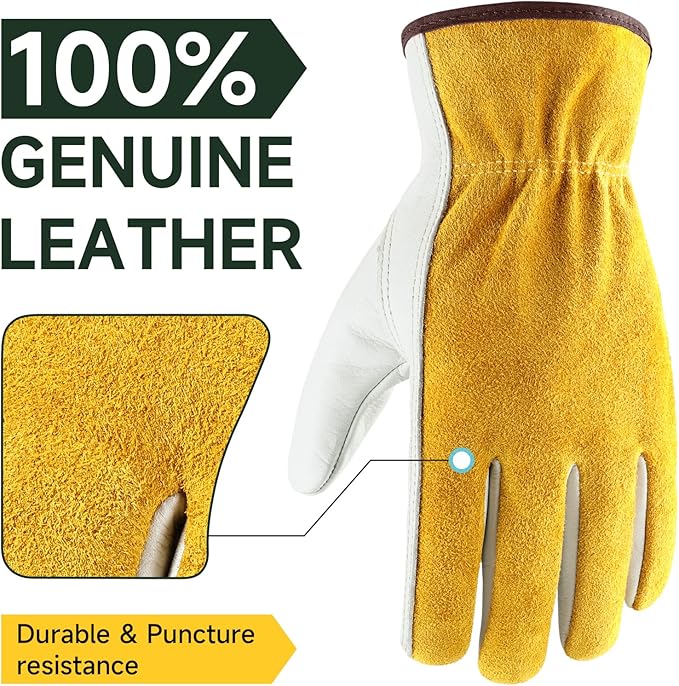 OZERO Leather Work Gloves for Men & Women, 3 Pairs Genuine Cowhide Garden Gloves, Lab Tested EN388 2143X, Flexible Grip, Breathable Unlined Comfort, Elastic Wrist (Gold/Light Cyan, Medium)