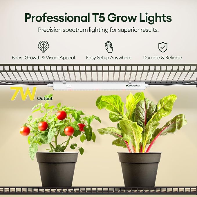 Maygrove T5 Grow Lights for Indoor Plants 1FT, Red-Enhanced Full Spectrum 5000K Grow Light, 28W(4 x 7W), Grow Light Strips for Seed Starting, Greenhouse, High PPFD, Linkable, White, 4-Pack