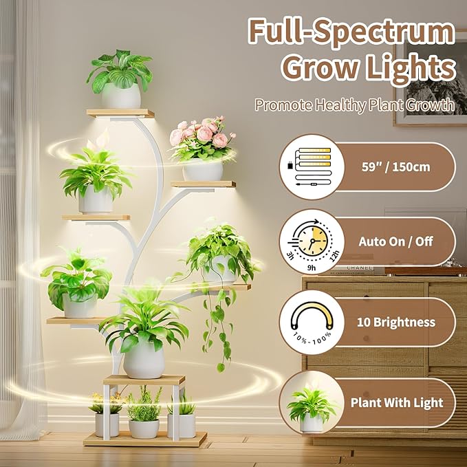 BACEKOLL Plant Stand Indoor with Grow Lights, 7 Tiered Indoor Plant Shelf, 49" Corner Plant Stands for Indoor Plants, Metal Plant Flower Display Shelf, Tree-Shaped Plant Rack for Home, Patio, Natural