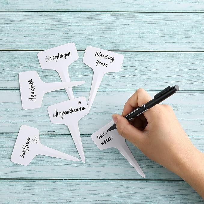 200 Pack Plant Labels T-Shape, 4 Inch Potted Plant Name Tags Plastic, Seedlings Seed Markers Nursery Plant Stake Tag with Marking Pen for Outdoor Indoor Garden Patio Flower Vegetable, White