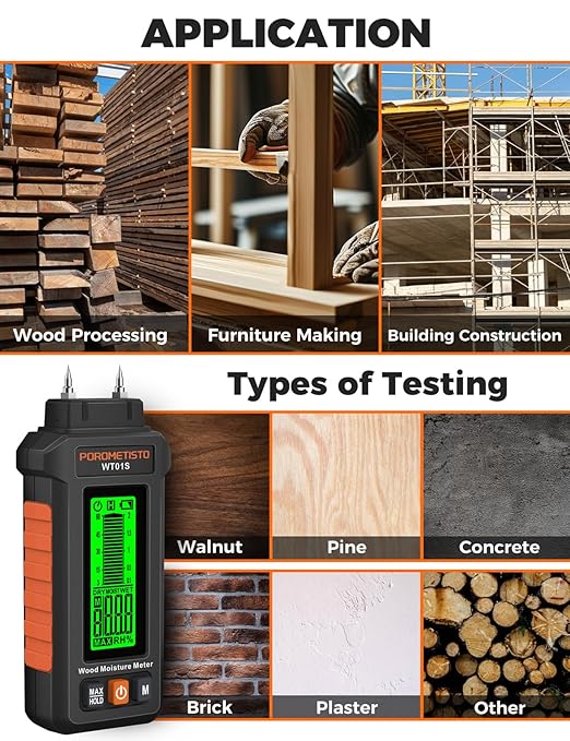 5 in 1 Moisture Meter, POROMETISTO 5 Modes Wood Moisture Meter with Three-Color Backlight, Data Hold & Max Measurement, Ideal for Wood (Oak/Pine/Walnut) and Building Materials