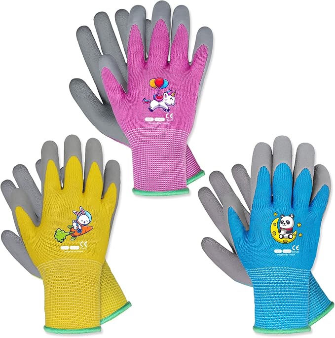 KDK Ages 5-7 Kids Gardening Gloves,Yard Work Gloves for Toddlers, Youth, Girls, Boys, Childrens, Soft Safety Rubber Glove (XXS Age 5-7, 3 Pairs Yellow, Light Blue & Pink)