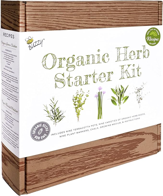 Buzzy Organic Herb Starter Kit – 9 Terracotta Pots, Organic Seeds & Soil Pellets – Indoor Herb Garden Kit with Plant Markers, Chalk & Instructions – Grow Fresh Basil, Parsley, Cilantro & More