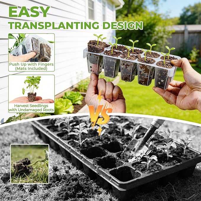 HIRALIY Seed Starter Tray Kits, Reusable Plant Germination Trays, Easy Transplanting, with Humidity Domes and Bases (Green, 40-Cells)