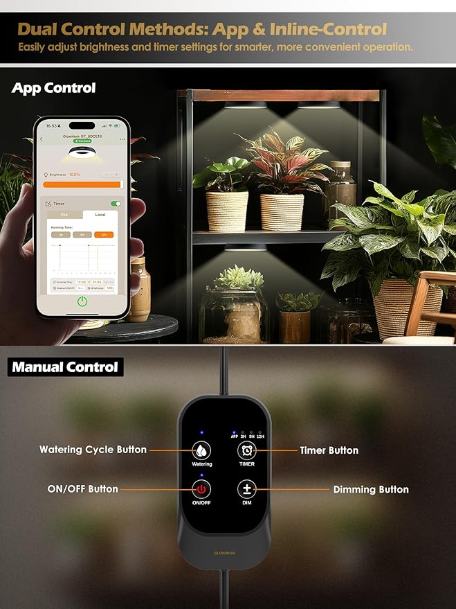 GLOWRIUM Grow Lights for Indoor Plants, 32W Smart Full Spectrum LED Grow Light, Auto Timer and Stepless Dimming,Plant Assistant with Watering Reminder,Modular Design (Black, 4PCS)