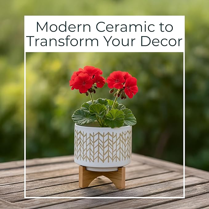Ceramic Planter with Bamboo Wood Stand – Modern Stoneware Plant Pot with Geometric Chevron Pattern – Decorative Indoor & Outdoor Flower Holder for Living Room, Patio, or Garden Home Decor – 9" Beige
